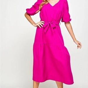 DKNY Bright Fuchsia V-Neck Tie-Waist Midi Dress